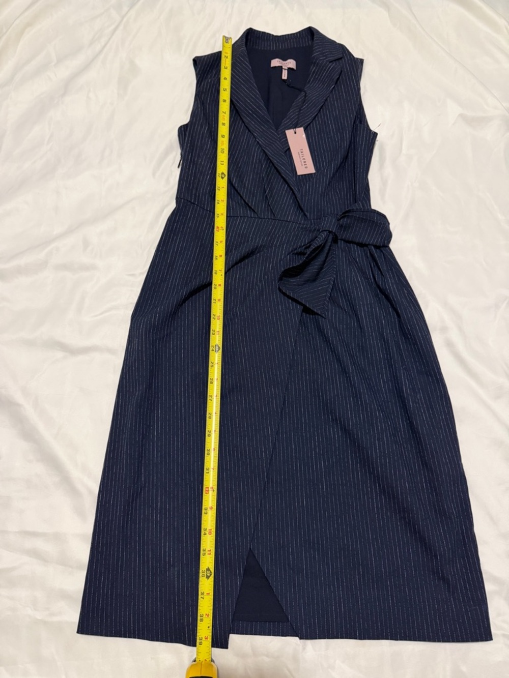 Sleeveless Navy Pinstripe Wrap-Front Mini Dress, SZ 0, NWT - Picture 11 of 14